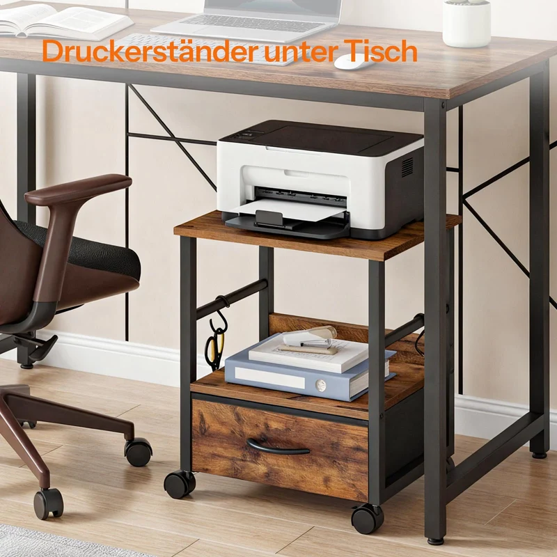HOOBRO 2-stufiger Druckerständer, Druckertisch, Drucker Stand mit Schublade und 2 S-Haken, mit Rollen und verstellbaren Füßen, für Arbeitszimmer, Wohnzimmer, Vintagebraun und Schwarz EBF20PS01