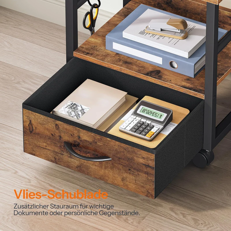 HOOBRO 2-stufiger Druckerständer, Druckertisch, Drucker Stand mit Schublade und 2 S-Haken, mit Rollen und verstellbaren Füßen, für Arbeitszimmer, Wohnzimmer, Vintagebraun und Schwarz EBF20PS01