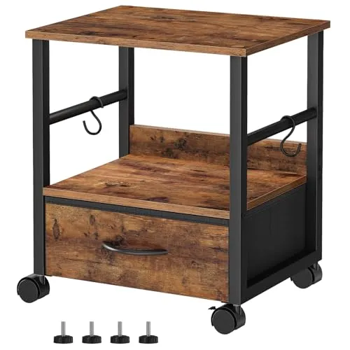 HOOBRO 2-stufiger Druckerständer, Druckertisch, Drucker Stand mit Schublade und 2 S-Haken, mit Rollen und verstellbaren Füßen, für Arbeitszimmer, Wohnzimmer, Vintagebraun und Schwarz EBF20PS01