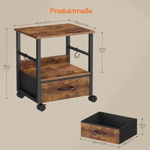 HOOBRO 2-stufiger Druckerständer, Druckertisch, Drucker Stand mit Schublade und 2 S-Haken, mit Rollen und verstellbaren Füßen, für Arbeitszimmer, Wohnzimmer, Vintagebraun und Schwarz EBF20PS01