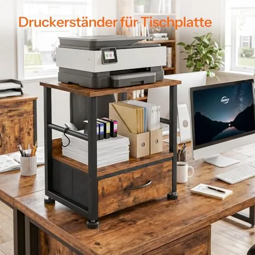 HOOBRO 2-stufiger Druckerständer, Druckertisch, Drucker Stand mit Schublade und 2 S-Haken, mit Rollen und verstellbaren Füßen, für Arbeitszimmer, Wohnzimmer, Vintagebraun und Schwarz EBF20PS01