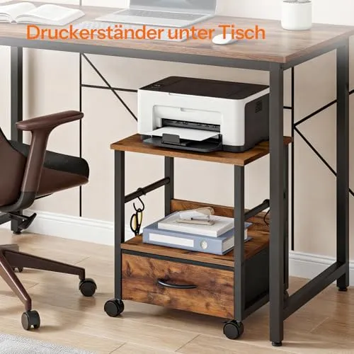 HOOBRO 2-stufiger Druckerständer, Druckertisch, Drucker Stand mit Schublade und 2 S-Haken, mit Rollen und verstellbaren Füßen, für Arbeitszimmer, Wohnzimmer, Vintagebraun und Schwarz EBF20PS01