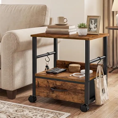 HOOBRO 2-stufiger Druckerständer, Druckertisch, Drucker Stand mit Schublade und 2 S-Haken, mit Rollen und verstellbaren Füßen, für Arbeitszimmer, Wohnzimmer, Vintagebraun und Schwarz EBF20PS01