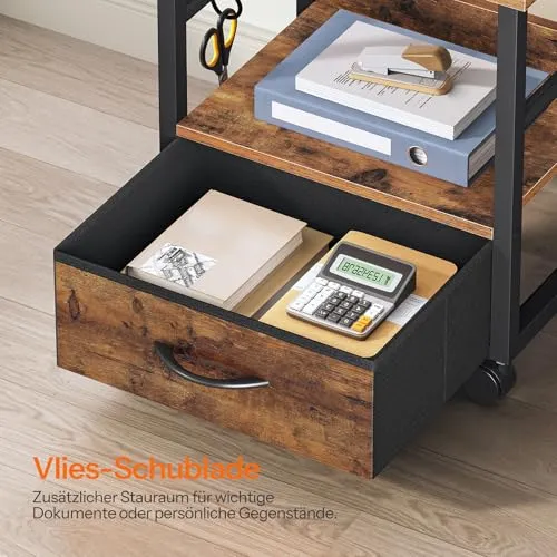 HOOBRO 2-stufiger Druckerständer, Druckertisch, Drucker Stand mit Schublade und 2 S-Haken, mit Rollen und verstellbaren Füßen, für Arbeitszimmer, Wohnzimmer, Vintagebraun und Schwarz EBF20PS01