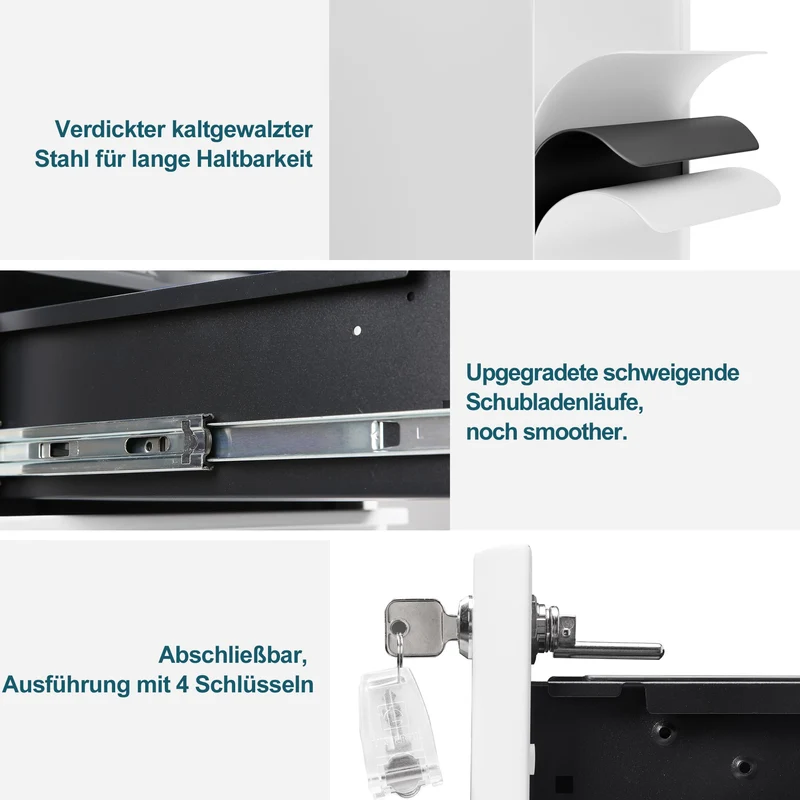 Rollcontainer, Aktenschrank, Schubladenschrank, Büroschrank aus Metall, Vormontiert, Abschließbarer, 4 Schlüsseln,Büro, Homeoffice