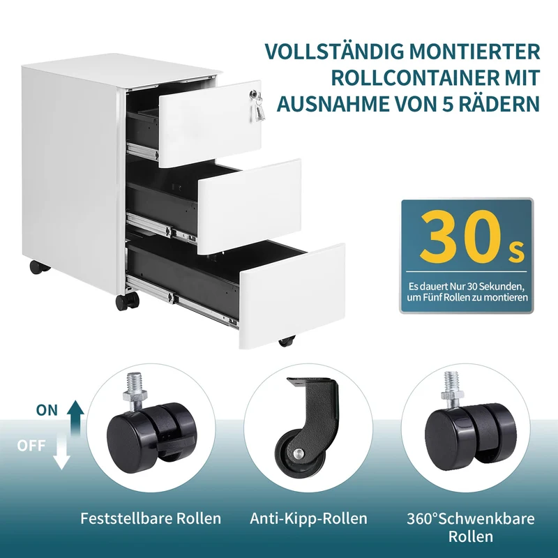 Rollcontainer, Aktenschrank, Schubladenschrank, Büroschrank aus Metall, Vormontiert, Abschließbarer, 4 Schlüsseln,Büro, Homeoffice