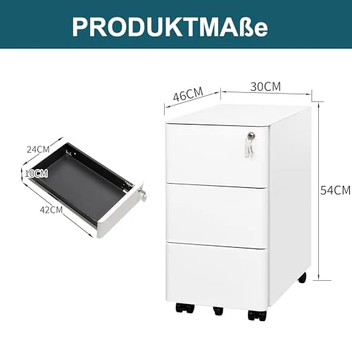 Rollcontainer, Aktenschrank, Schubladenschrank, Büroschrank aus Metall, Vormontiert, Abschließbarer, 4 Schlüsseln,Büro, Homeoffice
