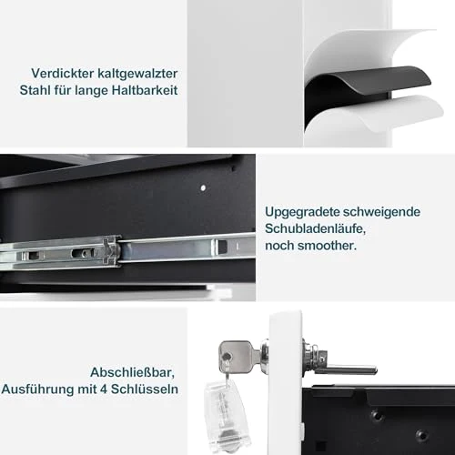 Rollcontainer, Aktenschrank, Schubladenschrank, Büroschrank aus Metall, Vormontiert, Abschließbarer, 4 Schlüsseln,Büro, Homeoffice
