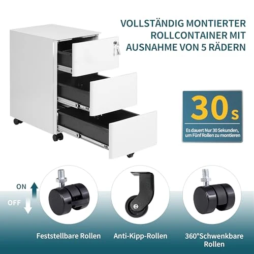 Rollcontainer, Aktenschrank, Schubladenschrank, Büroschrank aus Metall, Vormontiert, Abschließbarer, 4 Schlüsseln,Büro, Homeoffice