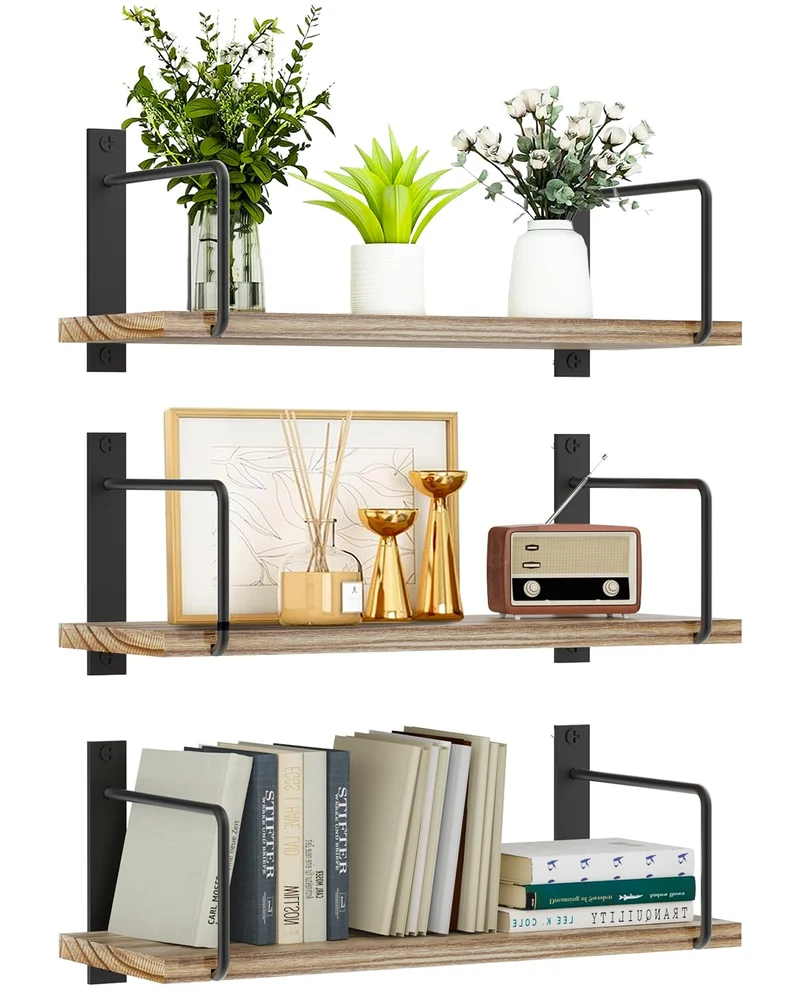 TRAYINDALY Wandregal Holz, 3 Stück Regal Wand für Dekoration, Rustikales Hängeregal Küchenregal Wand, Schweberegal für Wohnzimmer, Schlafzimmer, Badezimmer, Küche, Büro (Hellbraun)