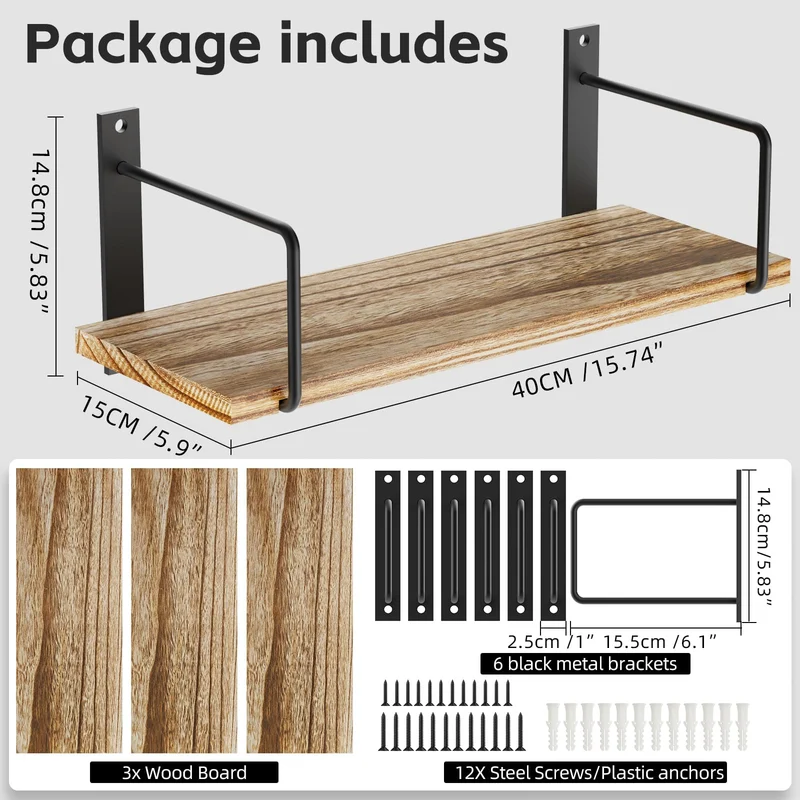 TRAYINDALY Wandregal Holz, 3 Stück Regal Wand für Dekoration, Rustikales Hängeregal Küchenregal Wand, Schweberegal für Wohnzimmer, Schlafzimmer, Badezimmer, Küche, Büro (Hellbraun)