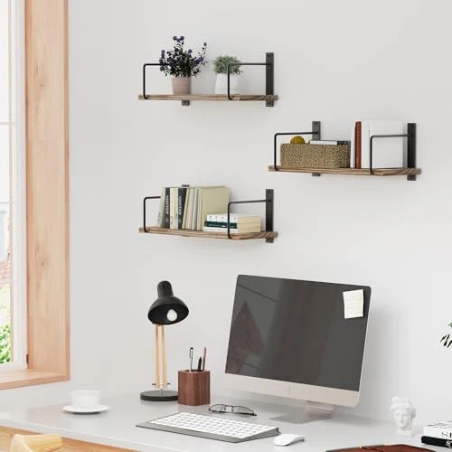 TRAYINDALY Wandregal Holz, 3 Stück Regal Wand für Dekoration, Rustikales Hängeregal Küchenregal Wand, Schweberegal für Wohnzimmer, Schlafzimmer, Badezimmer, Küche, Büro (Hellbraun)
