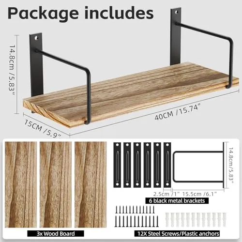 TRAYINDALY Wandregal Holz, 3 Stück Regal Wand für Dekoration, Rustikales Hängeregal Küchenregal Wand, Schweberegal für Wohnzimmer, Schlafzimmer, Badezimmer, Küche, Büro (Hellbraun)