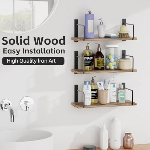 TRAYINDALY Wandregal Holz, 3 Stück Regal Wand für Dekoration, Rustikales Hängeregal Küchenregal Wand, Schweberegal für Wohnzimmer, Schlafzimmer, Badezimmer, Küche, Büro (Hellbraun)