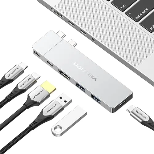 VENTION MacBook USB Adapter, Mac Hub mit Dual USB C, Abnehmbarem Magnetischen USB-C-Stecker, PD 140W / 8K@240Hz / 80Gbps Max., Kompatibel mit Allen Laptops/iPads, Silber