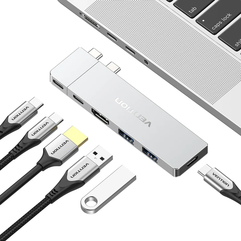 VENTION MacBook USB Adapter, Mac Hub mit Dual USB C, Abnehmbarem Magnetischen USB-C-Stecker, PD 140W / 8K@240Hz / 80Gbps Max., Kompatibel mit Allen Laptops/iPads, Silber