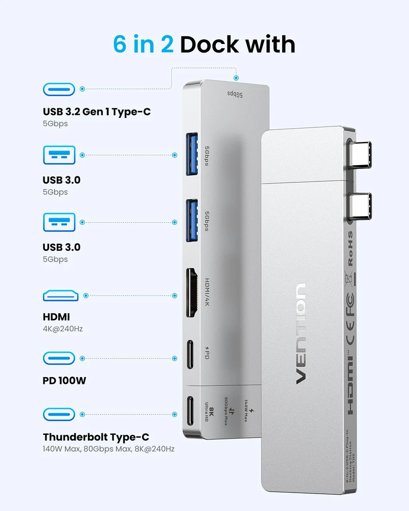 VENTION MacBook USB Adapter, Mac Hub mit Dual USB C, Abnehmbarem Magnetischen USB-C-Stecker, PD 140W / 8K@240Hz / 80Gbps Max., Kompatibel mit Allen Laptops/iPads, Silber