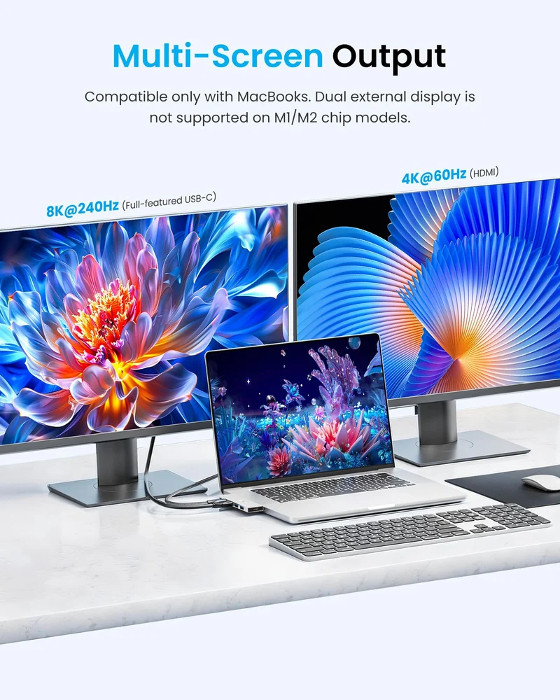 VENTION MacBook USB Adapter, Mac Hub mit Dual USB C, Abnehmbarem Magnetischen USB-C-Stecker, PD 140W / 8K@240Hz / 80Gbps Max., Kompatibel mit Allen Laptops/iPads, Silber