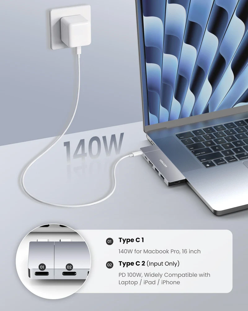 VENTION MacBook USB Adapter, Mac Hub mit Dual USB C, Abnehmbarem Magnetischen USB-C-Stecker, PD 140W / 8K@240Hz / 80Gbps Max., Kompatibel mit Allen Laptops/iPads, Silber