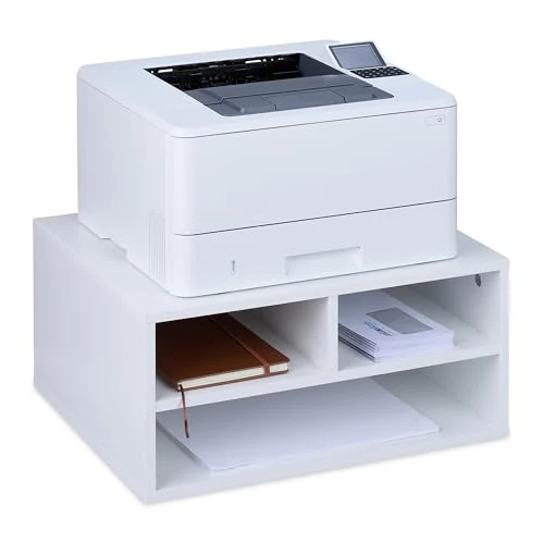 Relaxdays Druckerständer Schreibtisch, 3 Fächer, Regal für Drucker, Druckerhalter, H x B x T: 22,5 x 47 x 40 cm, weiß