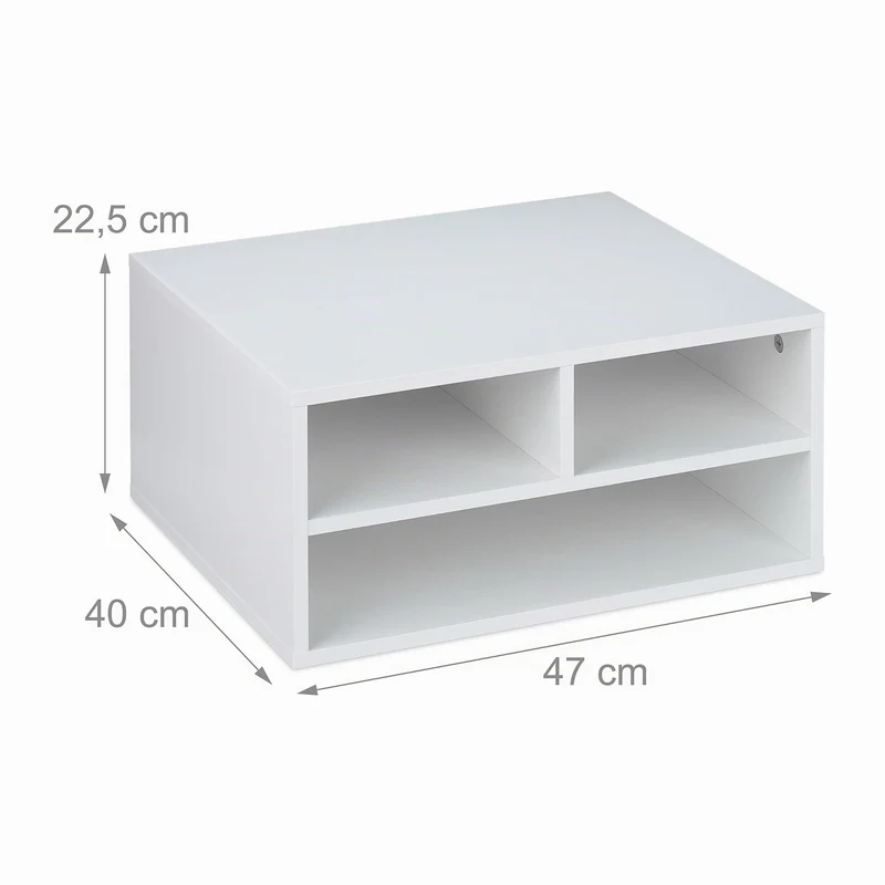 Relaxdays Druckerständer Schreibtisch, 3 Fächer, Regal für Drucker, Druckerhalter, H x B x T: 22,5 x 47 x 40 cm, weiß