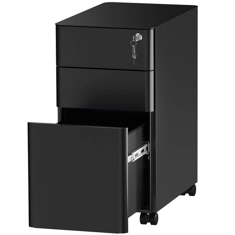 YITAHOME Rollcontainer, Abschließbar Rollcontainer mit 3 Schubladen, Metall Mobiler Aktenschrank Büroschrank mit Rollen für A4, Legal, Letter Home-Office, Hängeregistratur, Schwarz, 46 x 30 x 59cm