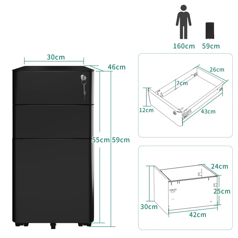 YITAHOME Rollcontainer, Abschließbar Rollcontainer mit 3 Schubladen, Metall Mobiler Aktenschrank Büroschrank mit Rollen für A4, Legal, Letter Home-Office, Hängeregistratur, Schwarz, 46 x 30 x 59cm