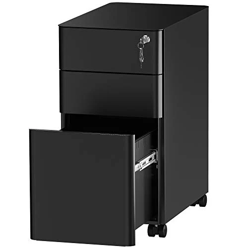 YITAHOME Rollcontainer, Abschließbar Rollcontainer mit 3 Schubladen, Metall Mobiler Aktenschrank Büroschrank mit Rollen für A4, Legal, Letter Home-Office, Hängeregistratur, Schwarz, 46 x 30 x 59cm