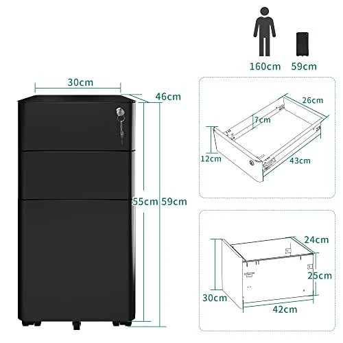 YITAHOME Rollcontainer, Abschließbar Rollcontainer mit 3 Schubladen, Metall Mobiler Aktenschrank Büroschrank mit Rollen für A4, Legal, Letter Home-Office, Hängeregistratur, Schwarz, 46 x 30 x 59cm