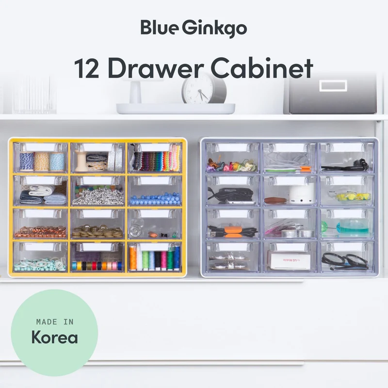 BLUE GINKGO Großer Aufbewahrungsschrank mit 12 Schubladen – stapelbare Perlen- und Bastelaufbewahrung, Hardware-Kleinteile-Organizer, Lehrer-Werkzeugkasten (hergestellt in Korea) – Grau