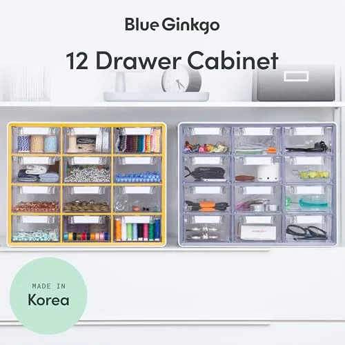 BLUE GINKGO Großer Aufbewahrungsschrank mit 12 Schubladen – stapelbare Perlen- und Bastelaufbewahrung, Hardware-Kleinteile-Organizer, Lehrer-Werkzeugkasten (hergestellt in Korea) – Grau