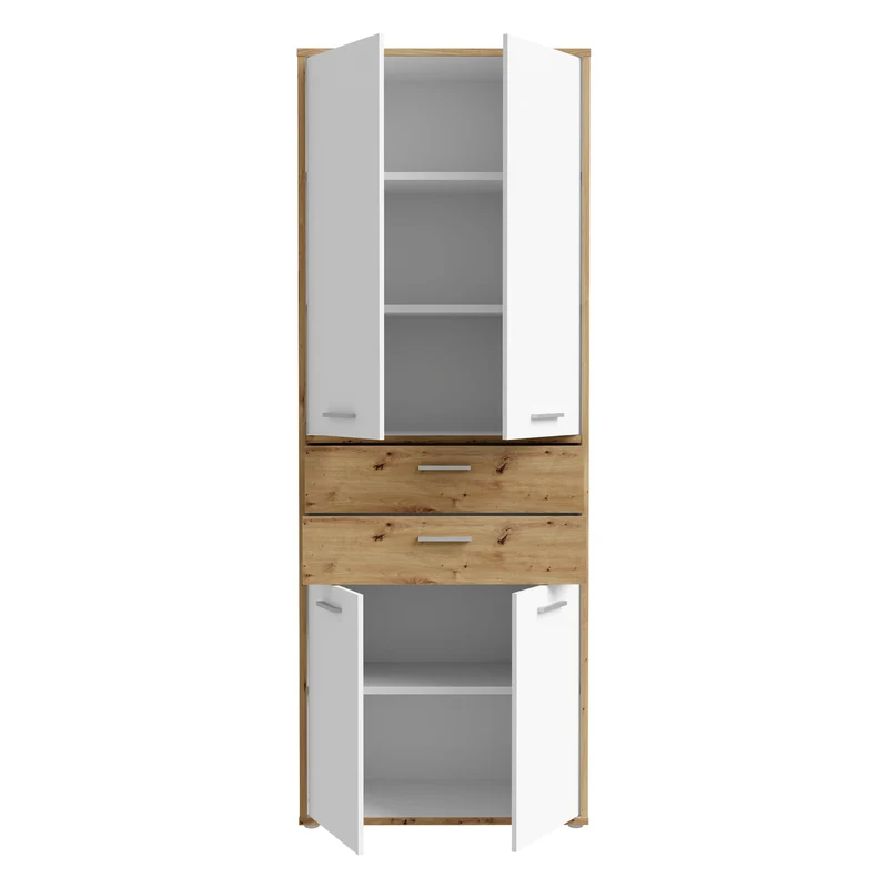 Forte KEFLAVIK Büroschrank 80 90, moderner Büroschrank mit 4 Türen und 2 Schubladen, Weiß|Artisan Eiche Holzdekor, 84,5 cm breit x 226,5 cm hoch x 41,5 cm tief
