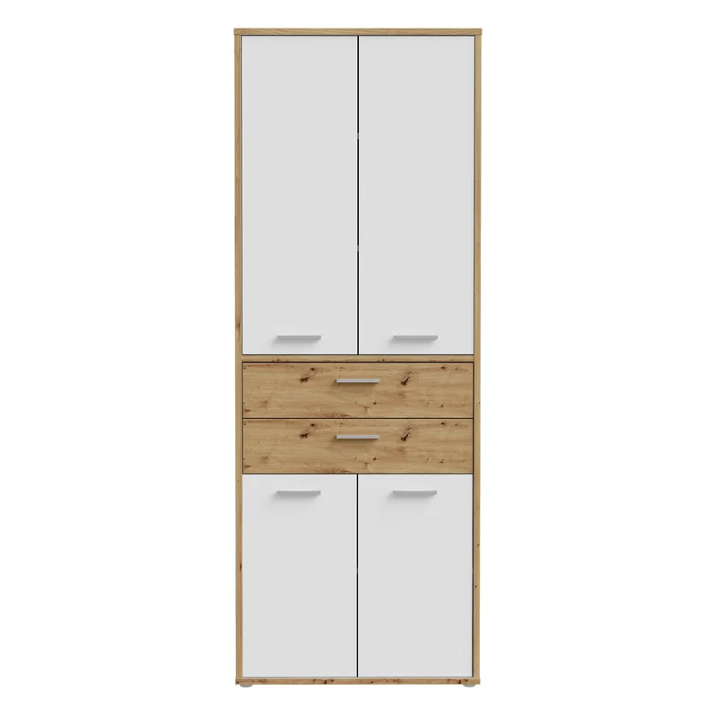 Forte KEFLAVIK Büroschrank 80 90, moderner Büroschrank mit 4 Türen und 2 Schubladen, Weiß|Artisan Eiche Holzdekor, 84,5 cm breit x 226,5 cm hoch x 41,5 cm tief