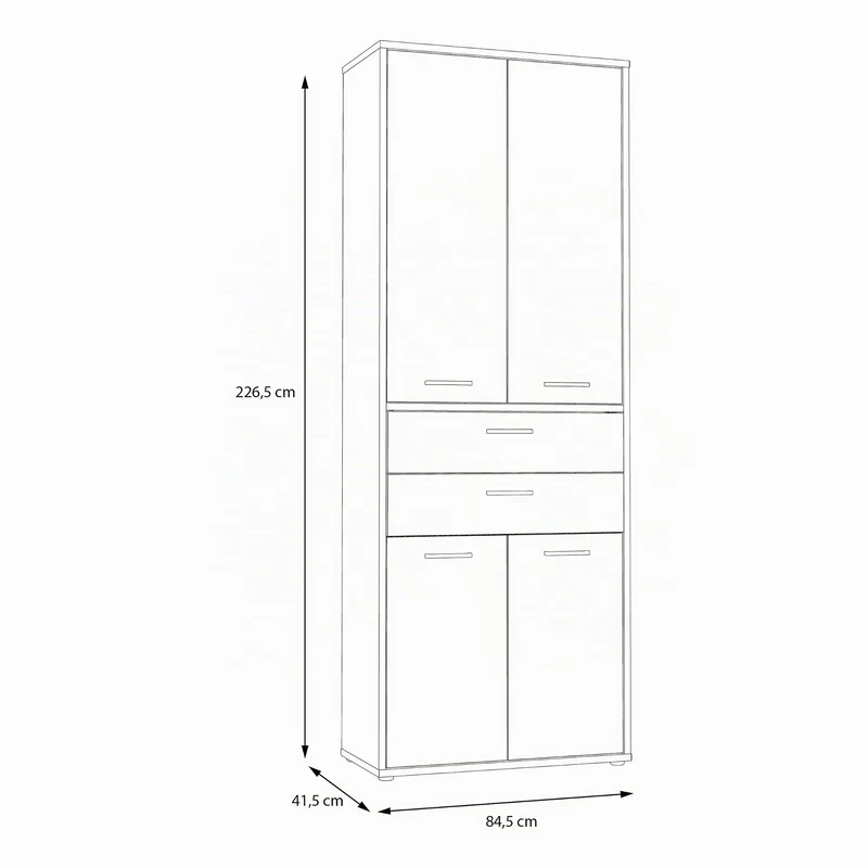 Forte KEFLAVIK Büroschrank 80 90, moderner Büroschrank mit 4 Türen und 2 Schubladen, Weiß|Artisan Eiche Holzdekor, 84,5 cm breit x 226,5 cm hoch x 41,5 cm tief