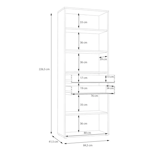 Forte KEFLAVIK Büroschrank 80 90, moderner Büroschrank mit 4 Türen und 2 Schubladen, Weiß|Artisan Eiche Holzdekor, 84,5 cm breit x 226,5 cm hoch x 41,5 cm tief