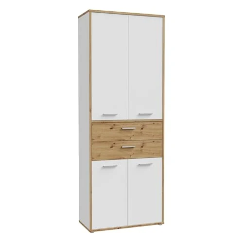 Forte KEFLAVIK Büroschrank 80 90, moderner Büroschrank mit 4 Türen und 2 Schubladen, Weiß|Artisan Eiche Holzdekor, 84,5 cm breit x 226,5 cm hoch x 41,5 cm tief