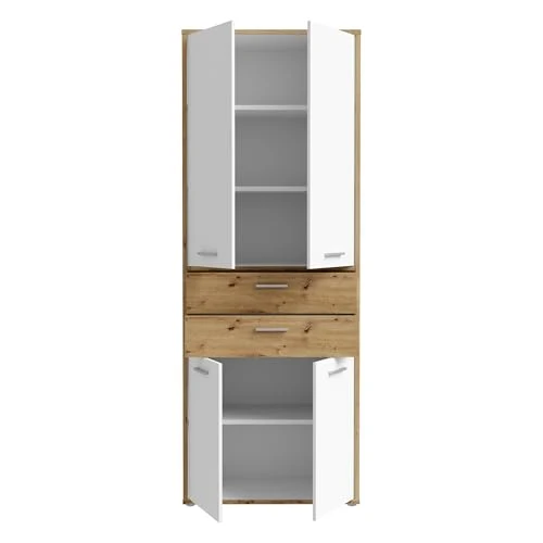 Forte KEFLAVIK Büroschrank 80 90, moderner Büroschrank mit 4 Türen und 2 Schubladen, Weiß|Artisan Eiche Holzdekor, 84,5 cm breit x 226,5 cm hoch x 41,5 cm tief