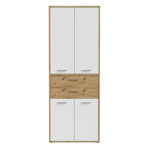 Forte KEFLAVIK Büroschrank 80 90, moderner Büroschrank mit 4 Türen und 2 Schubladen, Weiß|Artisan Eiche Holzdekor, 84,5 cm breit x 226,5 cm hoch x 41,5 cm tief