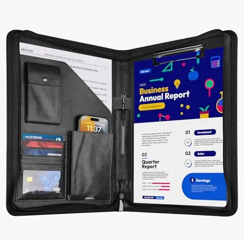 Schreibmappe A4 mit Klemmbrett & Reißverschluss, Premium Konferenzmappe aus PU Leder, Dokumentenmappe Organizer für Business, Büro, Reise, Klemmbrettmappe, Geschenk für Herren & Damen, Schwarz