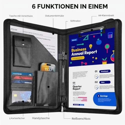 Schreibmappe A4 mit Klemmbrett & Reißverschluss, Premium Konferenzmappe aus PU Leder, Dokumentenmappe Organizer für Business, Büro, Reise, Klemmbrettmappe, Geschenk für Herren & Damen, Schwarz