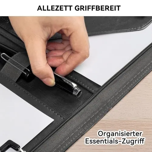 Schreibmappe A4 mit Klemmbrett & Reißverschluss, Premium Konferenzmappe aus PU Leder, Dokumentenmappe Organizer für Business, Büro, Reise, Klemmbrettmappe, Geschenk für Herren & Damen, Schwarz