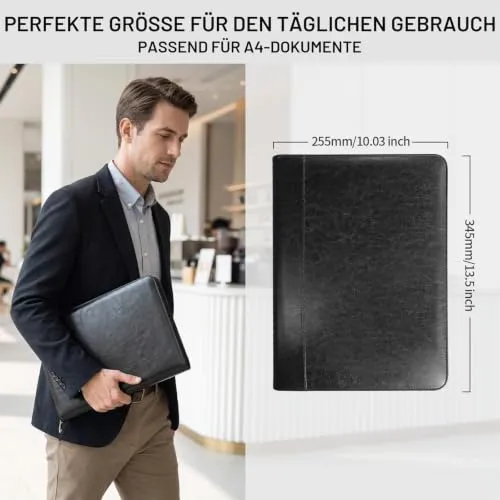 Schreibmappe A4 mit Klemmbrett & Reißverschluss, Premium Konferenzmappe aus PU Leder, Dokumentenmappe Organizer für Business, Büro, Reise, Klemmbrettmappe, Geschenk für Herren & Damen, Schwarz