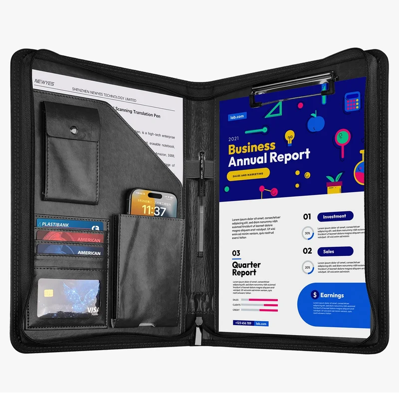 Schreibmappe A4 mit Klemmbrett & Reißverschluss, Premium Konferenzmappe aus PU Leder, Dokumentenmappe Organizer für Business, Büro, Reise, Klemmbrettmappe, Geschenk für Herren & Damen, Schwarz