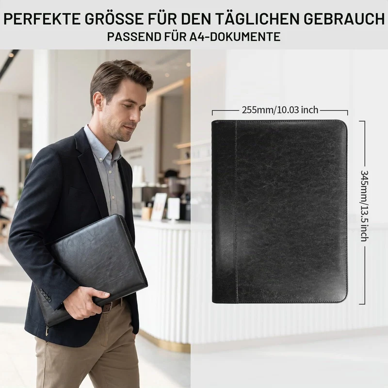 Schreibmappe A4 mit Klemmbrett & Reißverschluss, Premium Konferenzmappe aus PU Leder, Dokumentenmappe Organizer für Business, Büro, Reise, Klemmbrettmappe, Geschenk für Herren & Damen, Schwarz