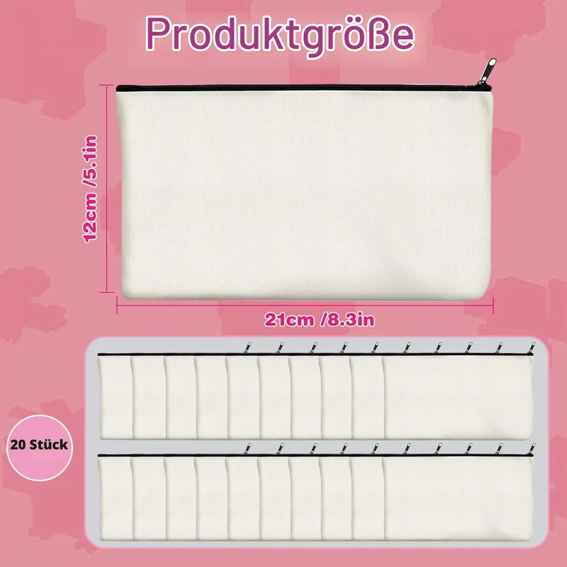 20er Canvas Stoffmäppchen zum Bemalen 21x12cm Blanko Baumwolle Stoffbeutel