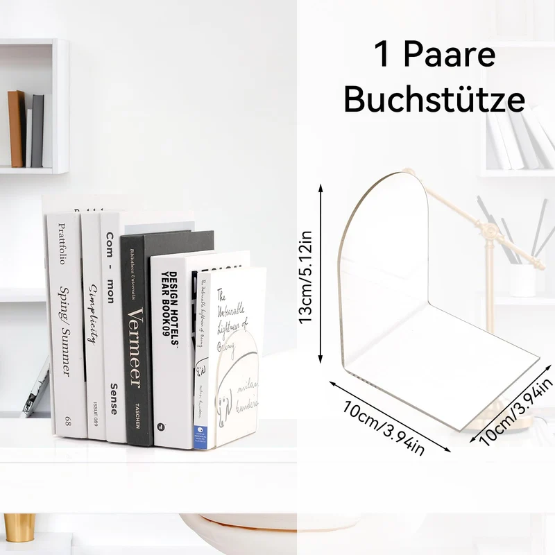 2Pcs Buchstütze Acryl, 100x100x130mm Buchstützen, Transparent Bücherhalter
