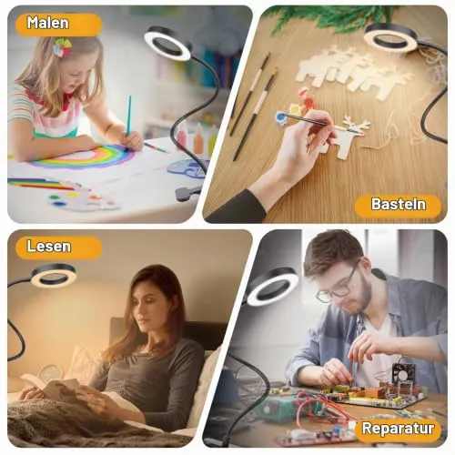 MXTIMWAN 5X Lupe mit Licht, 3 Modi & 10 Dimmstufen, Klemmleuchte für Büro Heimgebrauch, Schwanenhals Klemmlampe, für Lesen, Reisen, Schlafzimmer, Büro