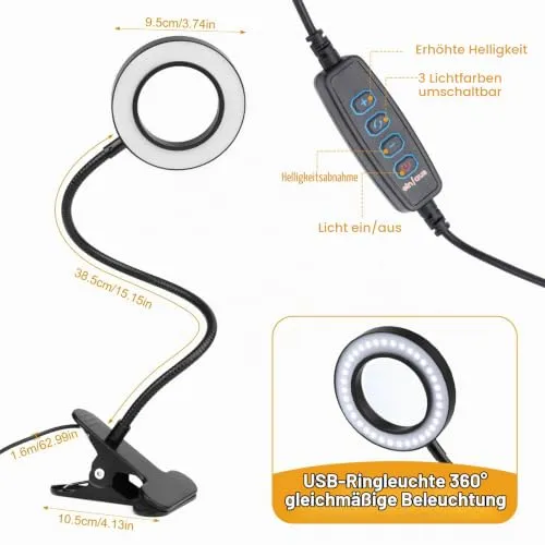 MXTIMWAN 5X Lupe mit Licht, 3 Modi & 10 Dimmstufen, Klemmleuchte für Büro Heimgebrauch, Schwanenhals Klemmlampe, für Lesen, Reisen, Schlafzimmer, Büro