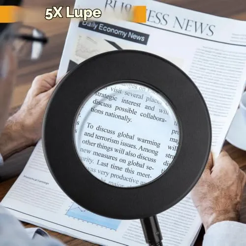 MXTIMWAN 5X Lupe mit Licht, 3 Modi & 10 Dimmstufen, Klemmleuchte für Büro Heimgebrauch, Schwanenhals Klemmlampe, für Lesen, Reisen, Schlafzimmer, Büro