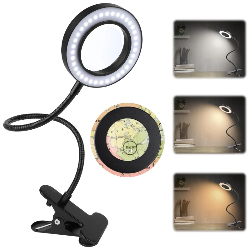 MXTIMWAN 5X Lupe mit Licht, 3 Modi & 10 Dimmstufen, Klemmleuchte für Büro Heimgebrauch, Schwanenhals Klemmlampe, für Lesen, Reisen, Schlafzimmer, Büro